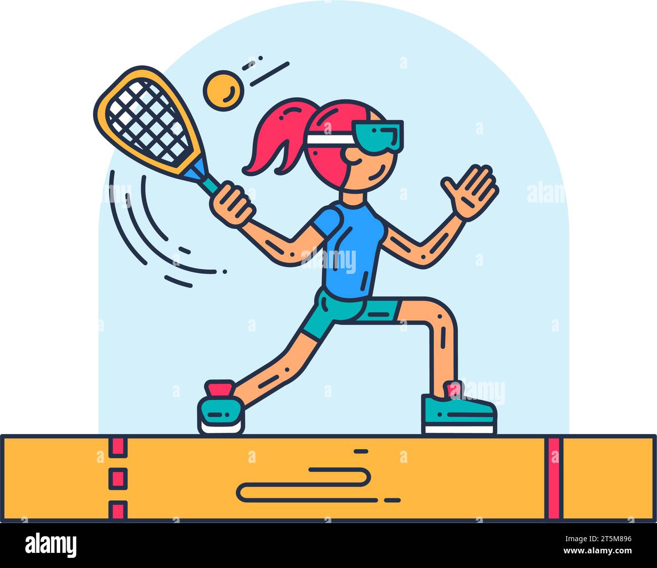 Young slender girl athlete in sportswear plays racquetball tennis with professional racket hitting ball. Sports and active lifestyle. Simple colored s Stock Vector