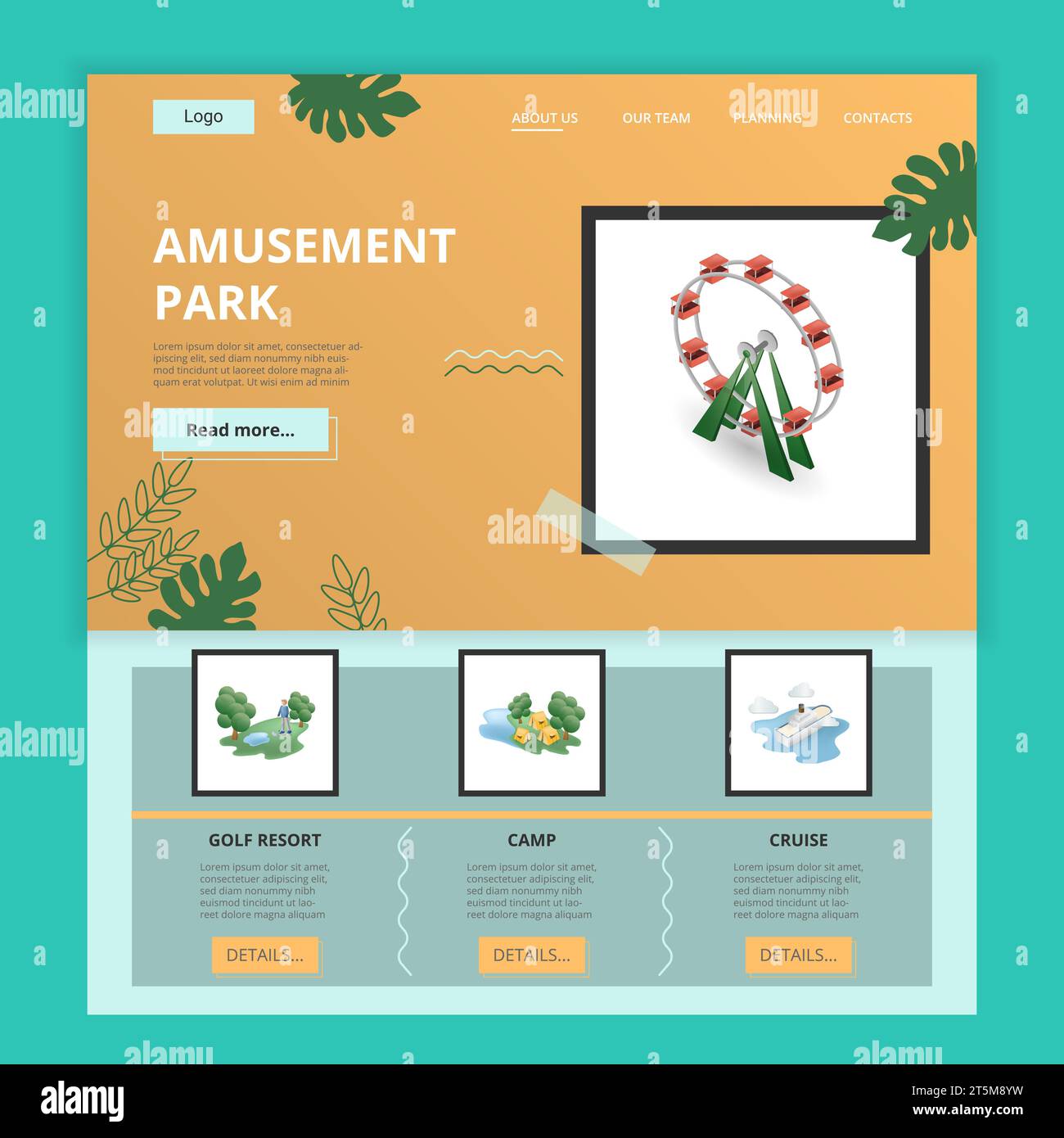 Amusement park flat landing page website template. Golf resort, camp, cruise. Web banner with header, content and footer. Vector illustration. Stock Vector