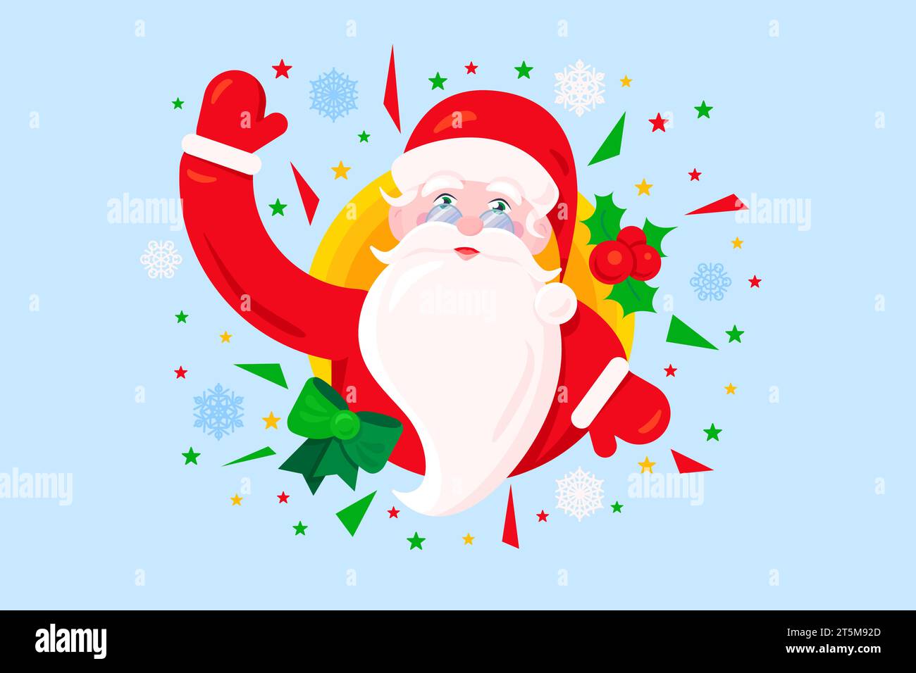 Santa Claus with thick white beard and lush mustache in traditional red suit happily waves his hand. Xmas character. Festive New Year vector isolated Stock Vector
