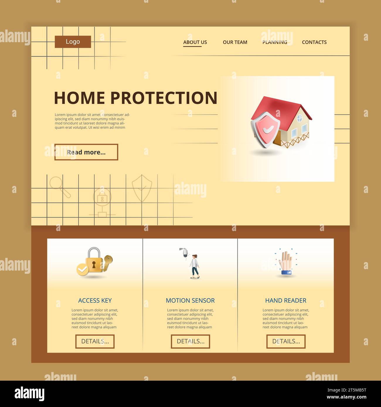 Home protection flat landing page website template. Acces key, motion sensor, hand reader. Web banner with header, content and footer. Vector Stock Vector