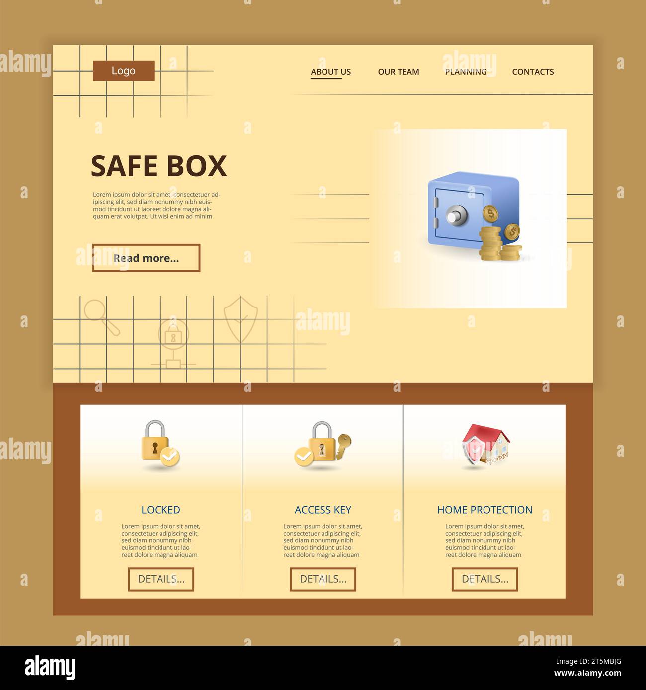 Safe box flat landing page website template. Locked, access key, home