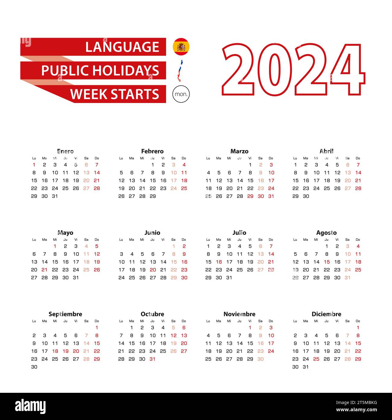 Calendar 2025 in Spanish language with public holidays the country of
