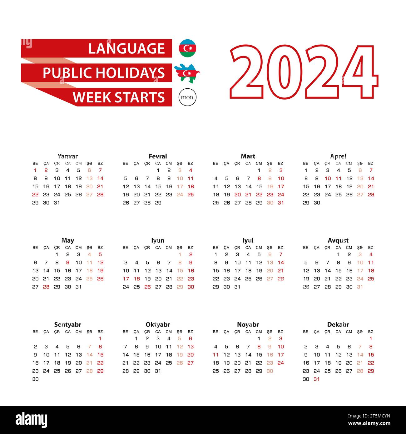 Calendar 2024 in Azerbaijani language with public holidays the country