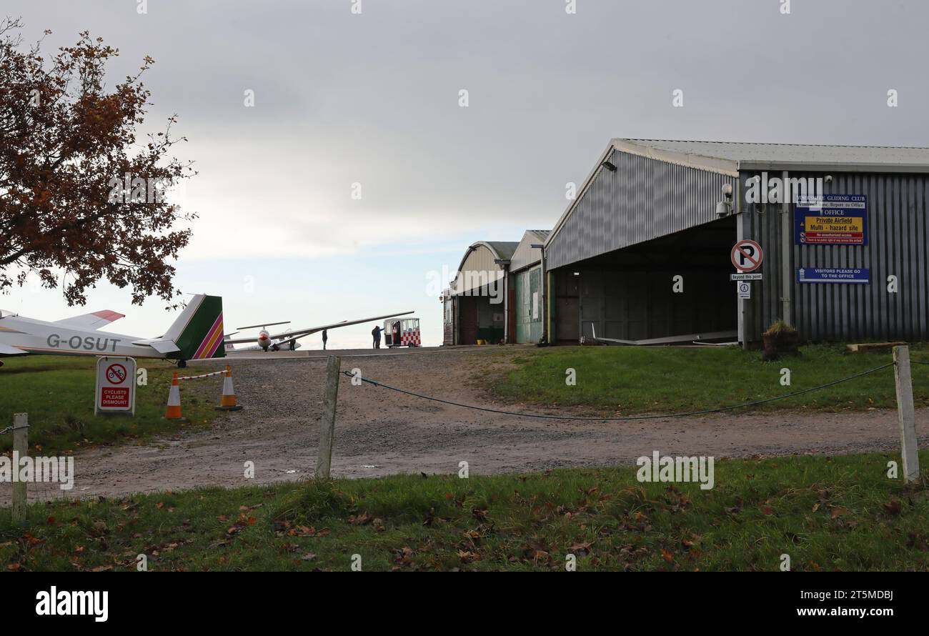 a view of the entrance to The Yorkshire Gliding Club, Sutton Bank, North Yorkshire Stock Photo