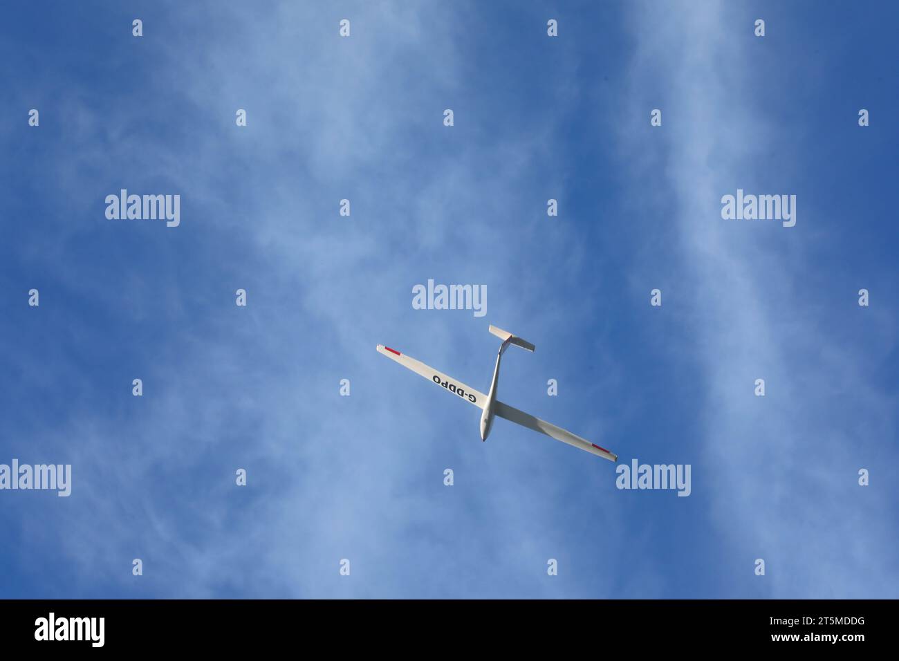 a Grob G-102 Astir CS77 glider registration G-DDPO (looking at the underside) in the airspace above Yorkshire Gliding Club, Sutton Bank, Nth Yorkshire Stock Photo