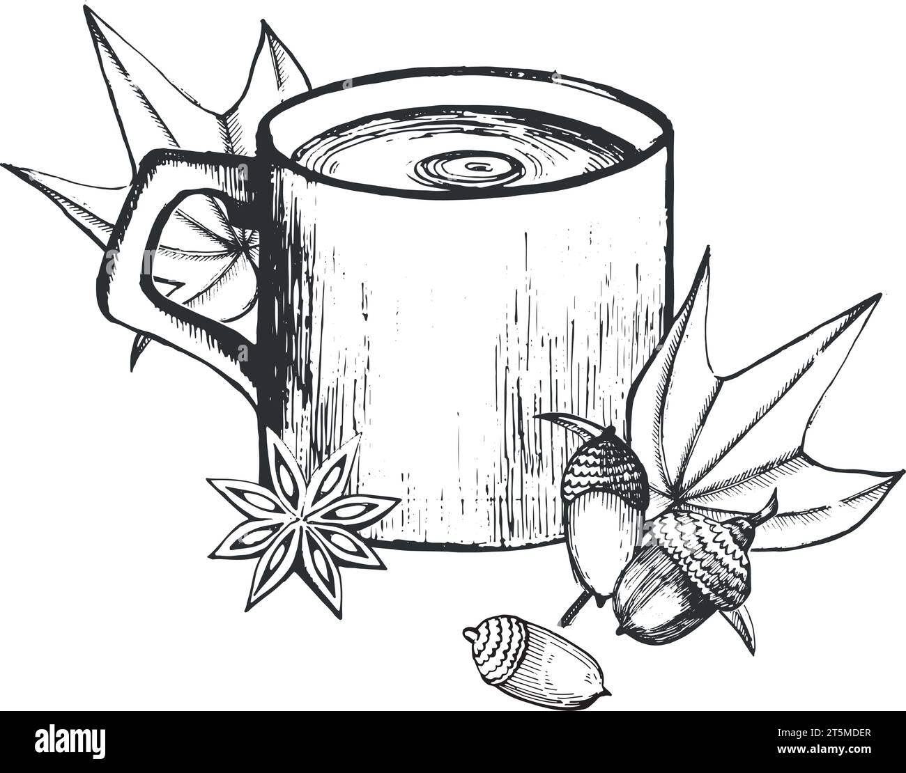 Tea mug with cardamom star, maple leaves, acorns drawn in vector on a white background, in black. Suitable for printing on fabric, paper, and kitchen Stock Vector