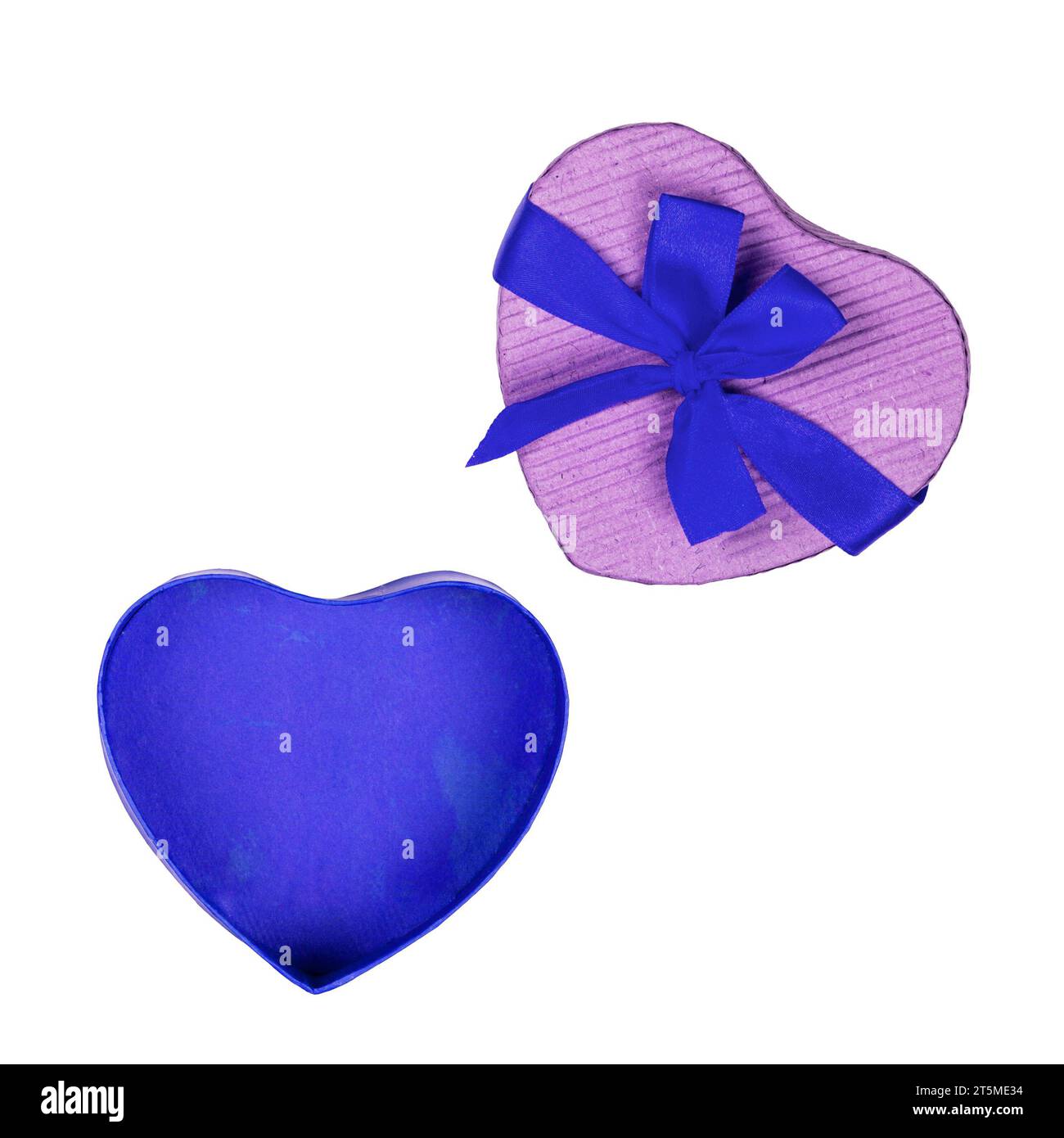 Open blue and purple heart shaped cardboard gift box with blue bow isolated on white background Stock Photo