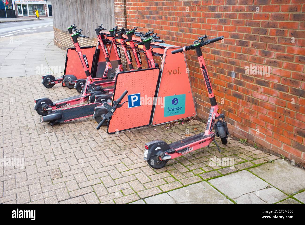 Returned electric scooters abandoned near parking station in Highland Road, Southsea Stock Photo