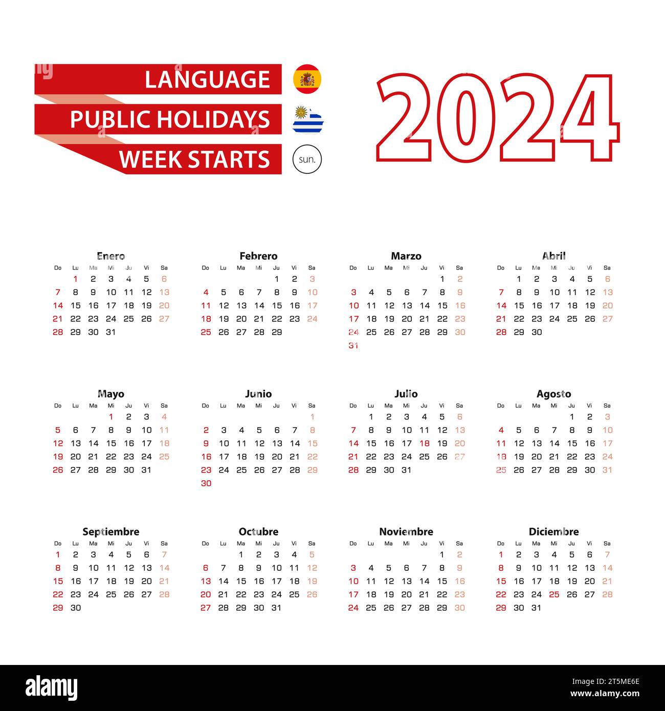 Calendar 2024 in Spanish language with public holidays the country of  Mexico in year 2024. Week starts from Monday. Vector Illustration Stock  Vector Image & Art - Alamy