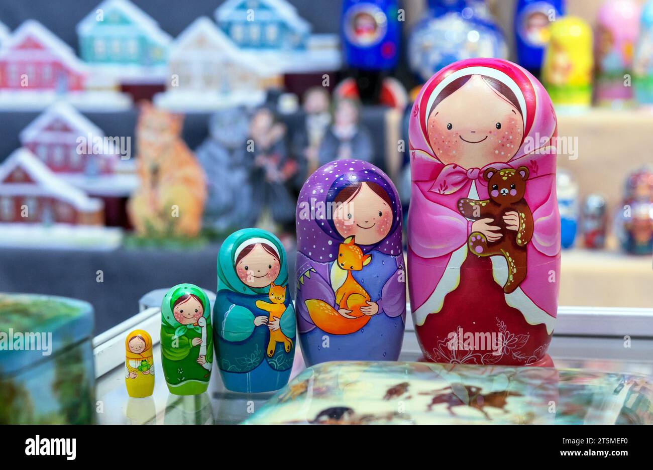 Russian nesting doll or matryoshka in the window of the gift shop. Stock Photo