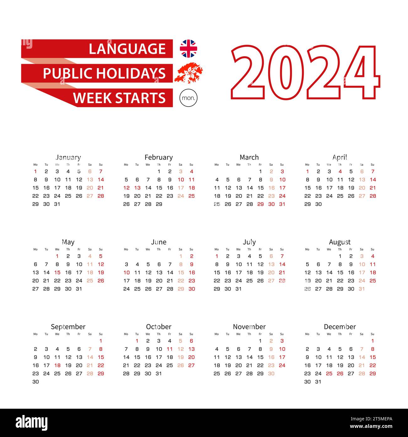 Calendar 2024 in English language with public holidays the country of