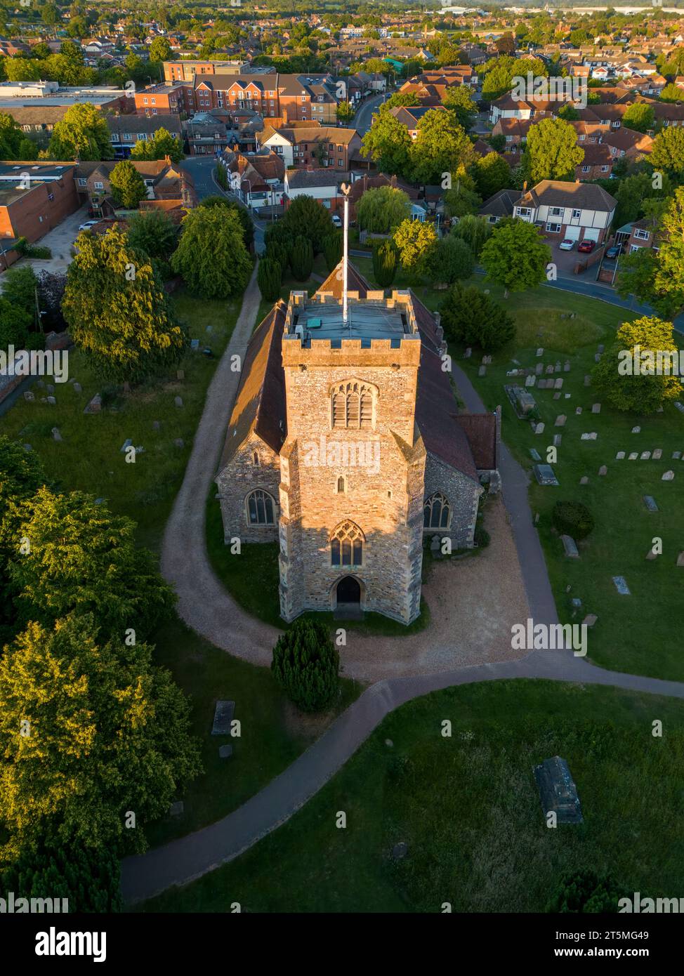Aerial view of St Marys Church, Thatcham from the Western Approach Stock Photo