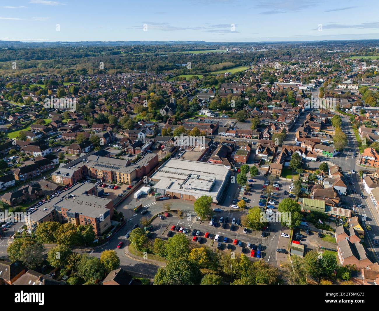 Thatcham Town Centre and Waitrose Aerial View Stock Photo