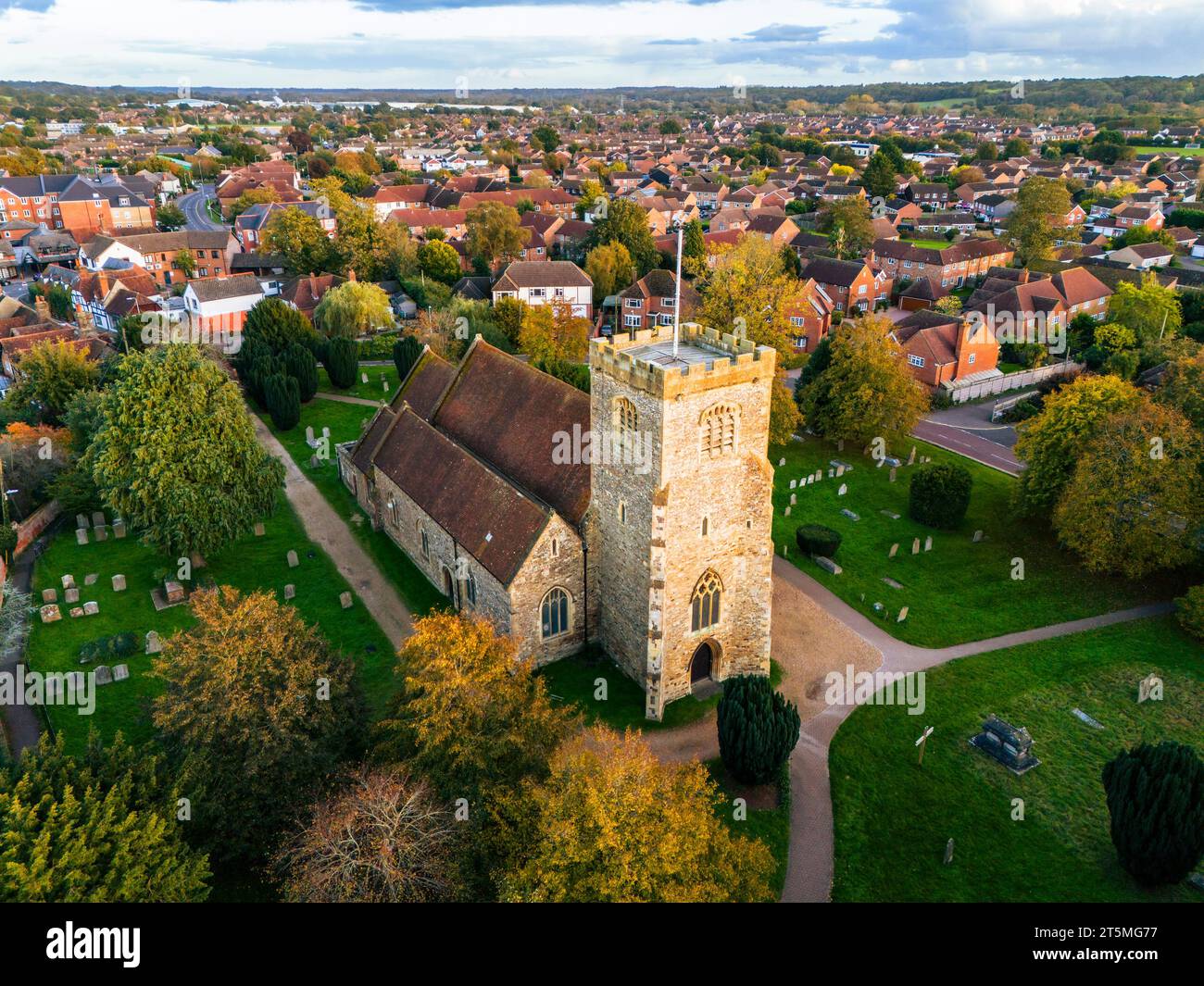 Aerial view of St Marys Church, Thatcham in Autumnal Colours Stock Photo
