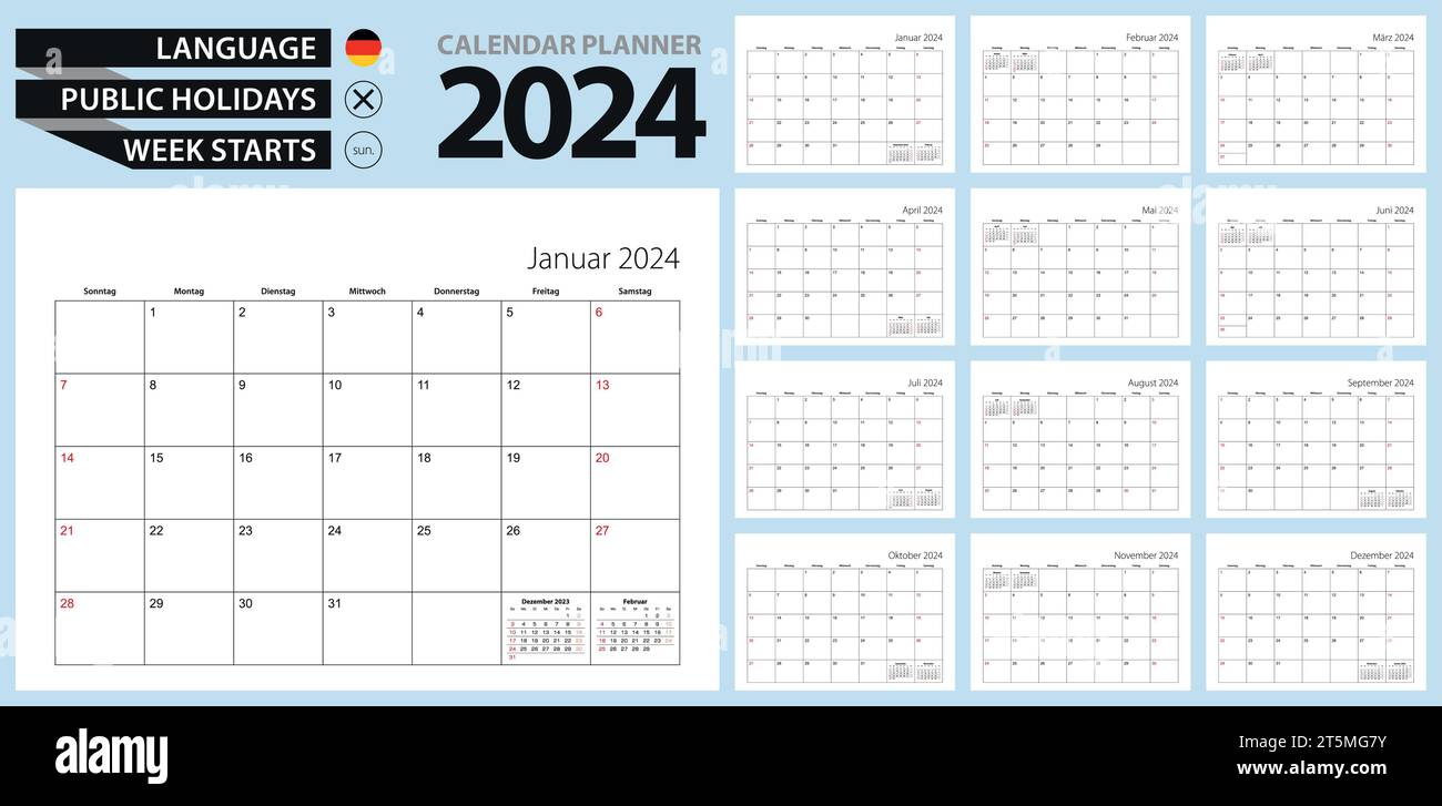 German calendar planner for 2024. German language, week starts from