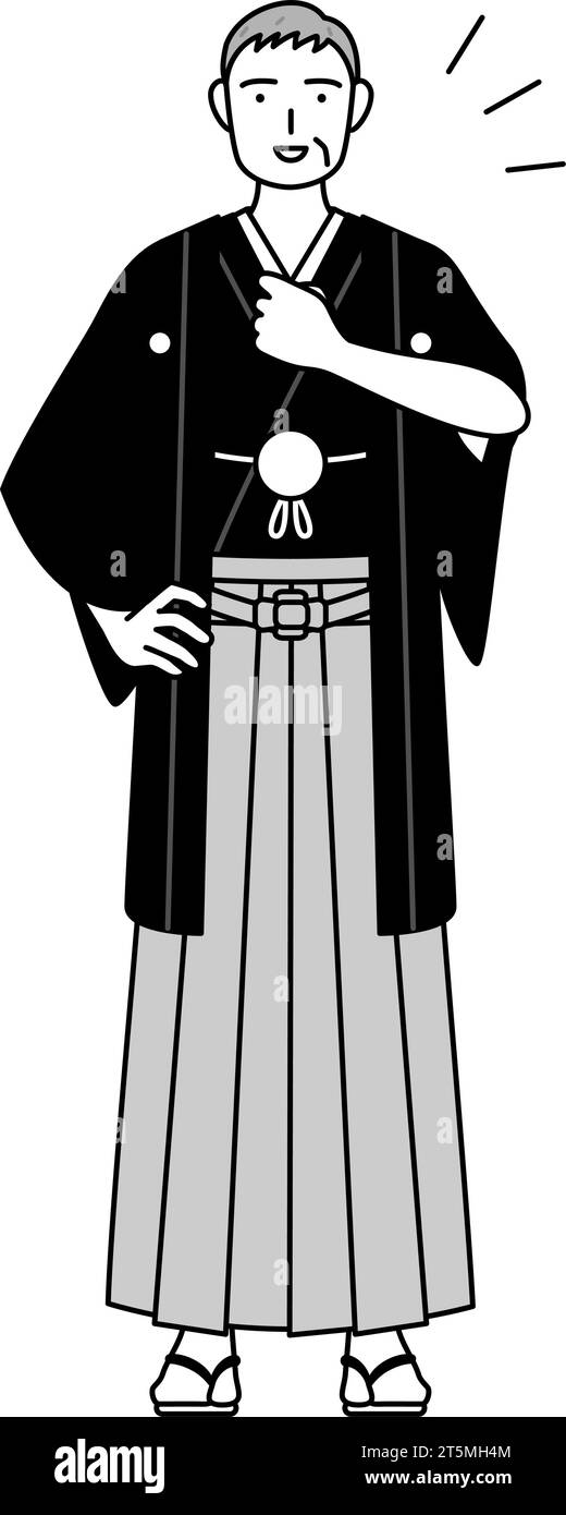 New Year's Day and weddings, Senior man wearing Hakama with crest tapping his chest, Vector Illustration Stock Vector
