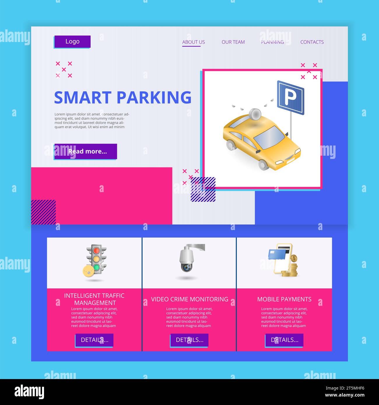 Smart parking flat landing page website template. Intelligent traffic management, video crime monitoring, mobile payments. Web banner with header Stock Vector