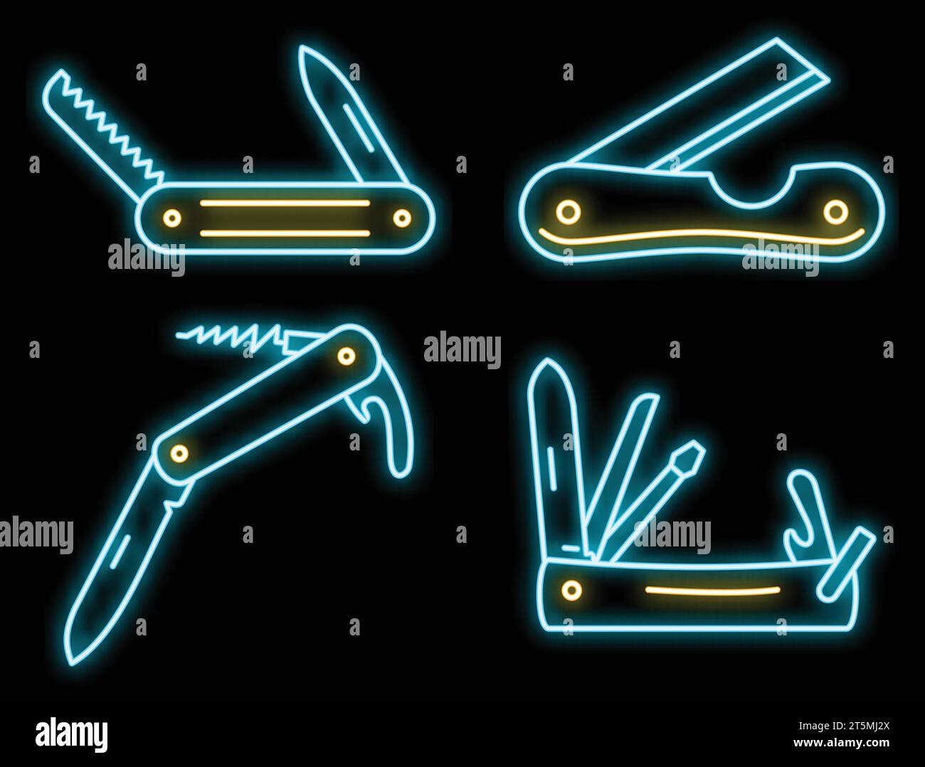 Multifunction penknife icons set. Outline set of multifunction penknife vector icons neon color on black Stock Vector