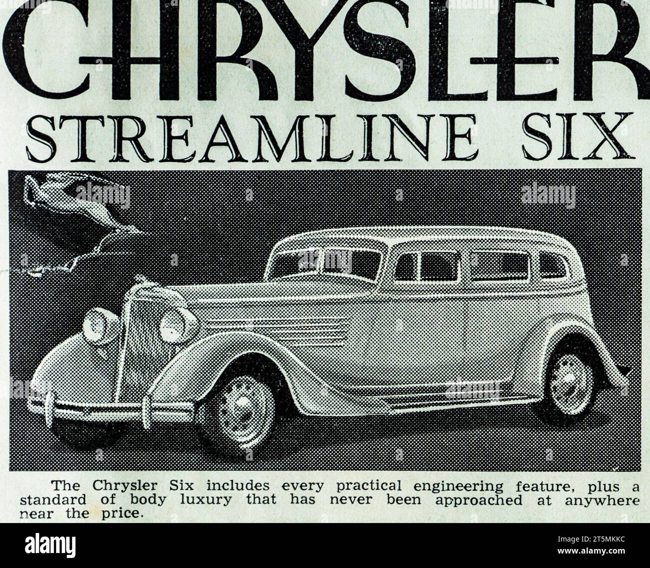 A 1934 Australian advertisement for The Chrysler Plymouth Six-‘the most complete and biggest car in the low priced field’. The advertisement was placed by Lanes Motors 89 Exhibition Street, Melbourne. Stock Photo