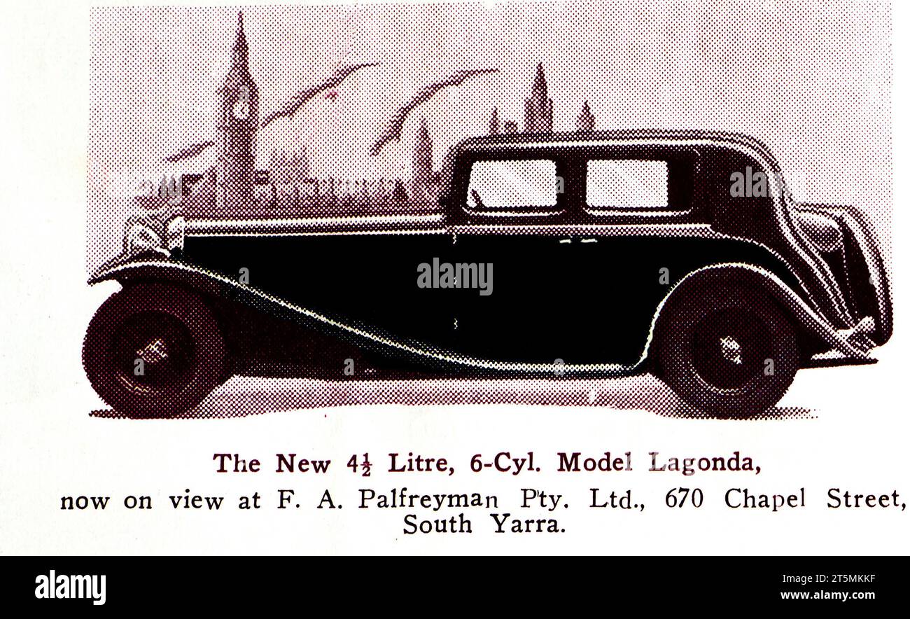 A 1934 Australian advertisement for The New 4 1/2  Litre, 6 -Cyl. Model Lagunda car. The Lagunda was produced in England by Lagunda which had been in existence since 1906. It was acquired by Aston Martin in 1947. The advertisement was placed by  P A PALFREYMAN PTY LTD, 670 Chapel Street, South Yarra. Melbourne. Stock Photo
