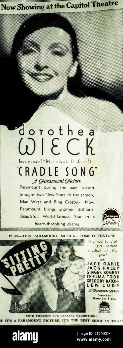 A July 1934 Australian advertisement for the Capital Theatre Melbourne where the Paramount Picture, Cradle Song was showing. Starring Dorothy Wick a ‘brilliant world famous star in a heart throbbing drama’. Also showing was Sitting Pretty, a Paramount musical comedy starring among others Ginger Rogers. Stock Photo