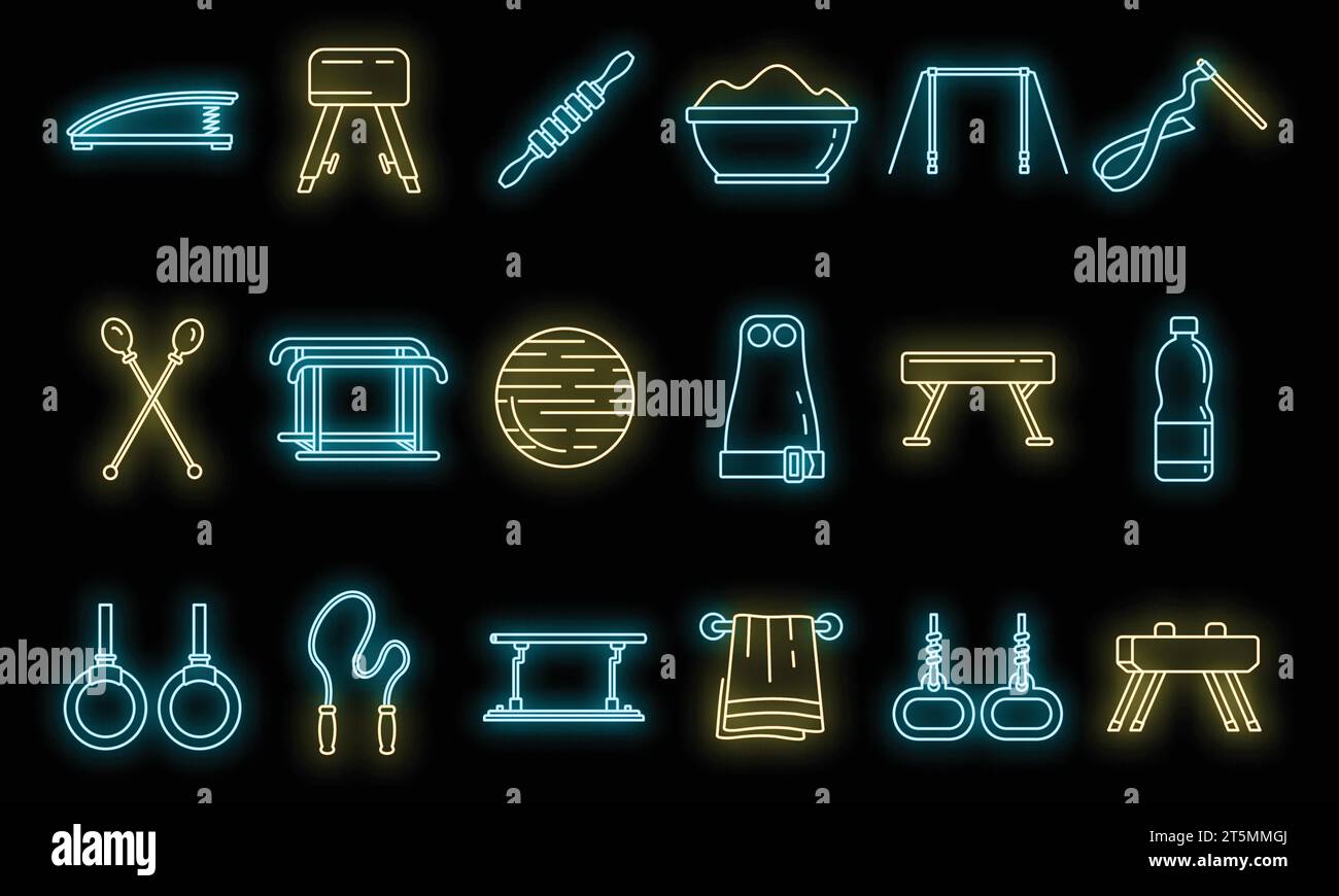 Modern gymnastics equipment icons set. Outline set of modern gymnastics equipment vector icons neon color on black Stock Vector