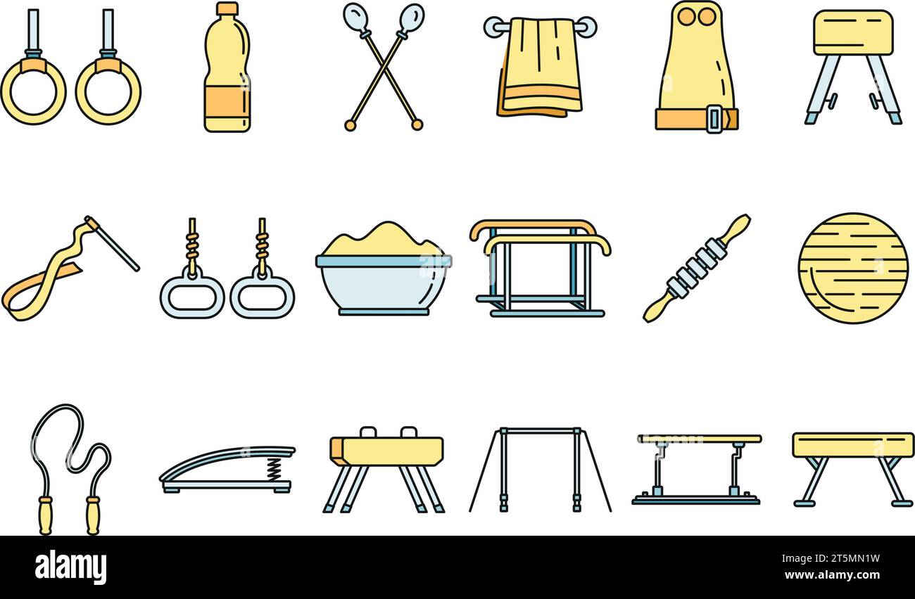 Modern gymnastics equipment icons set. Outline set of modern gymnastics equipment vector icons thin line color flat on white Stock Vector