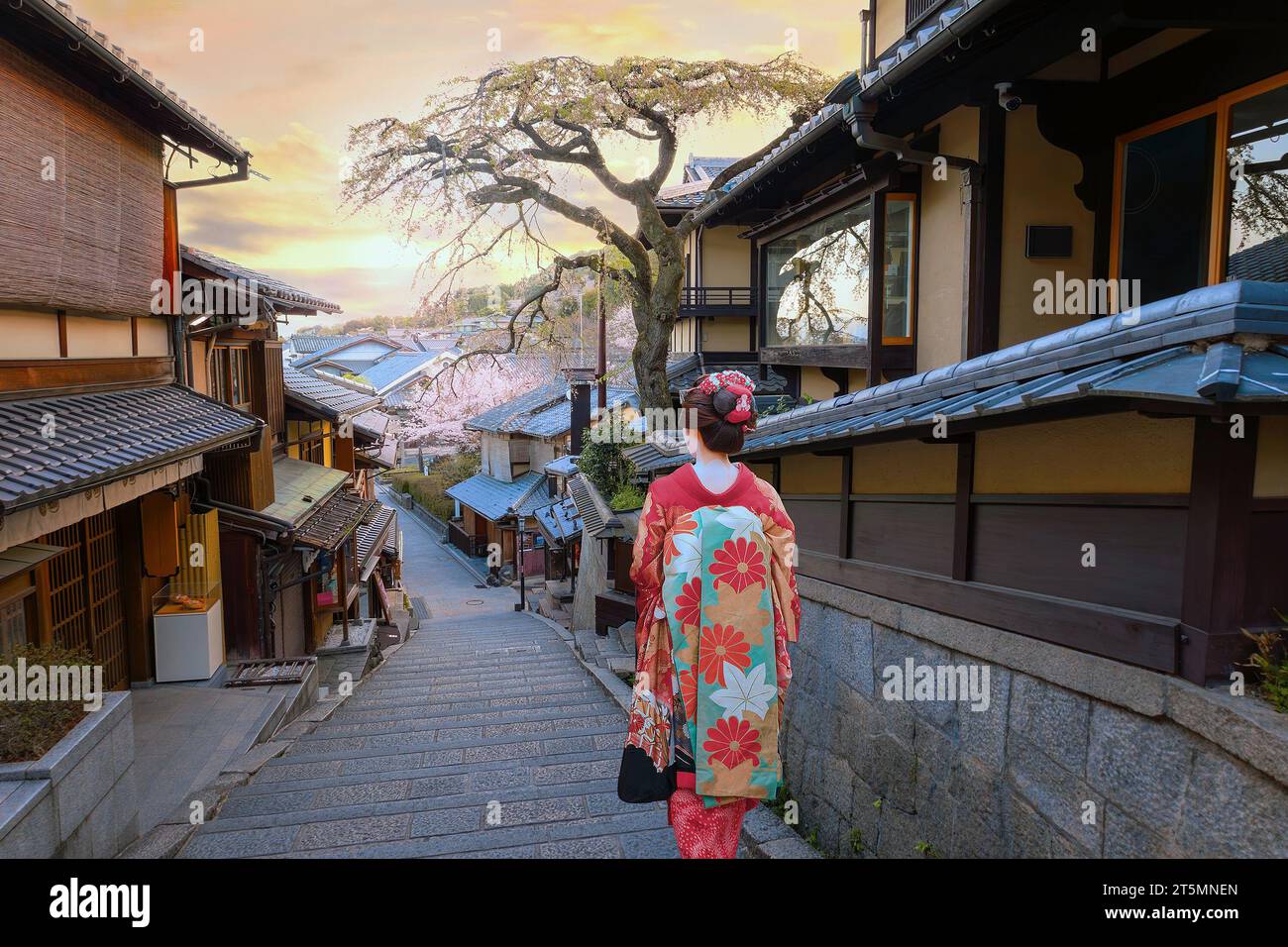 Young Japanese woman in a traditional Kimono dress at Nineizaka or Ninenzaka, an ancient pedestrian road in Kyoto, Japan Stock Photo