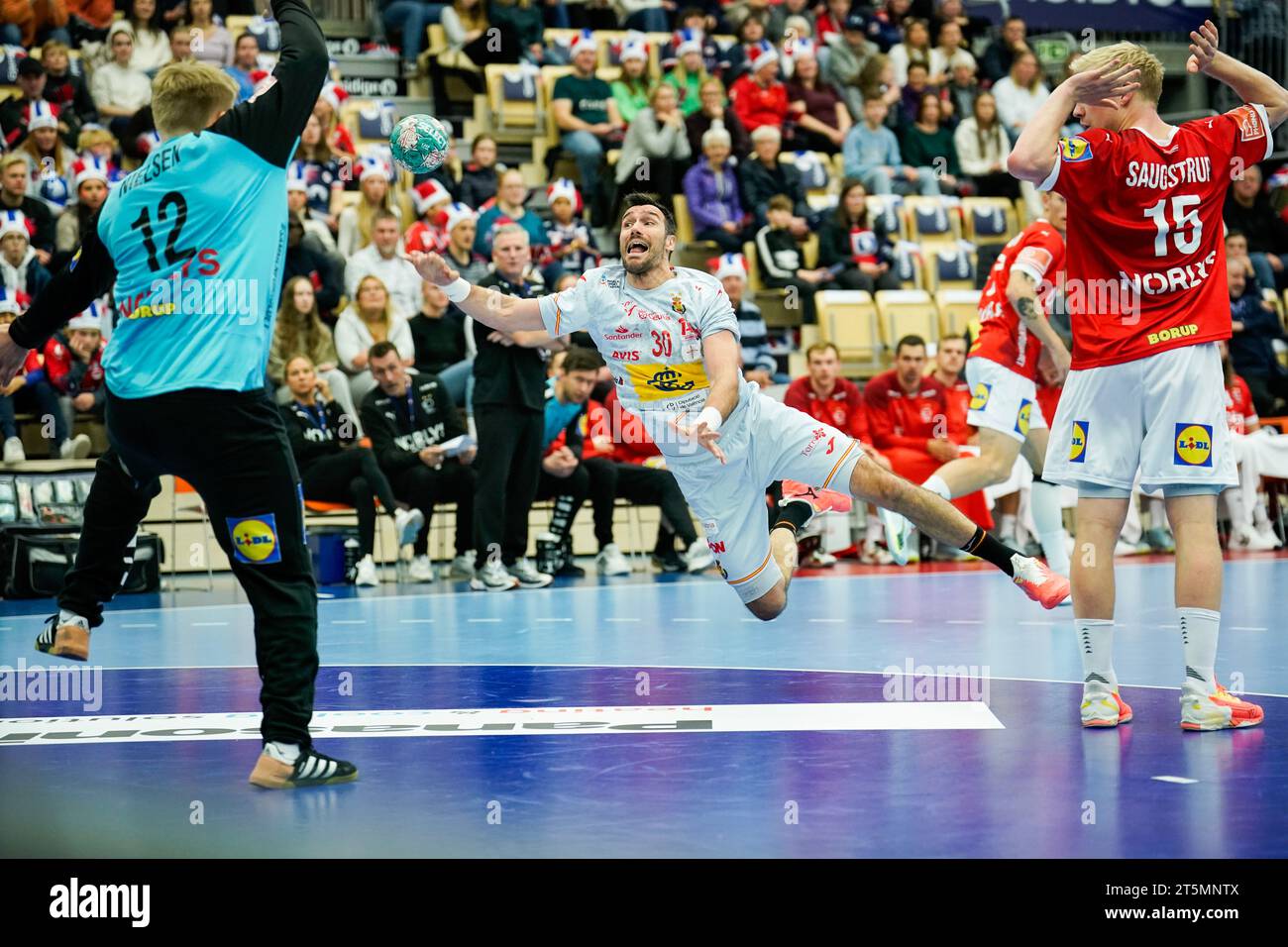 Sotra 20231104.Spain's Gedeón Guardiola Villaplana during the handball match in the Golden League Gjensidige Cup between Denmark and Spain in the Sotra Arena. Photo: Stian Lysberg Solum / NTB Stock Photo