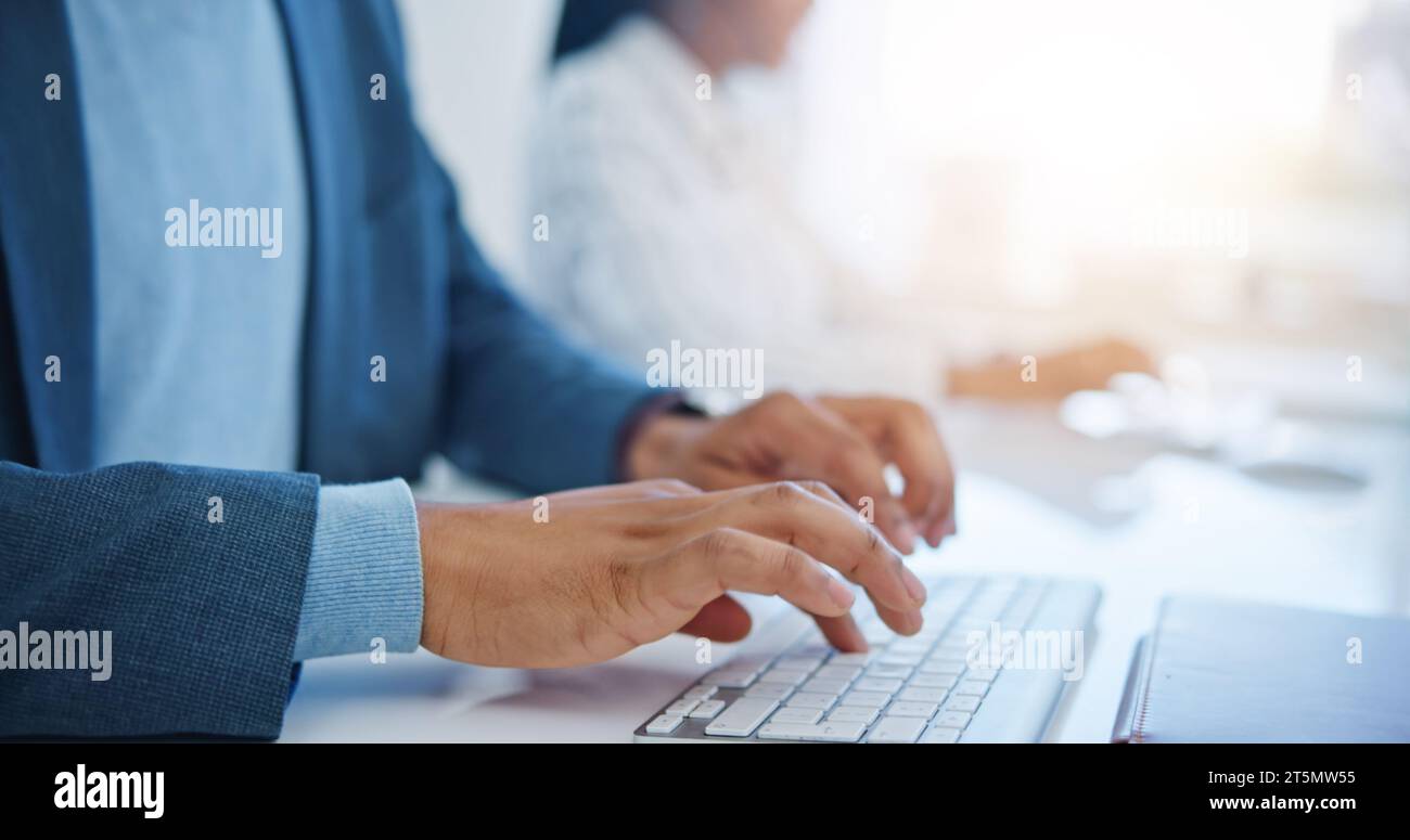 Digital research, developer and programmer writing, programming software or coding app on computer at desk in workplace. Laptop, hands typing and Stock Photo