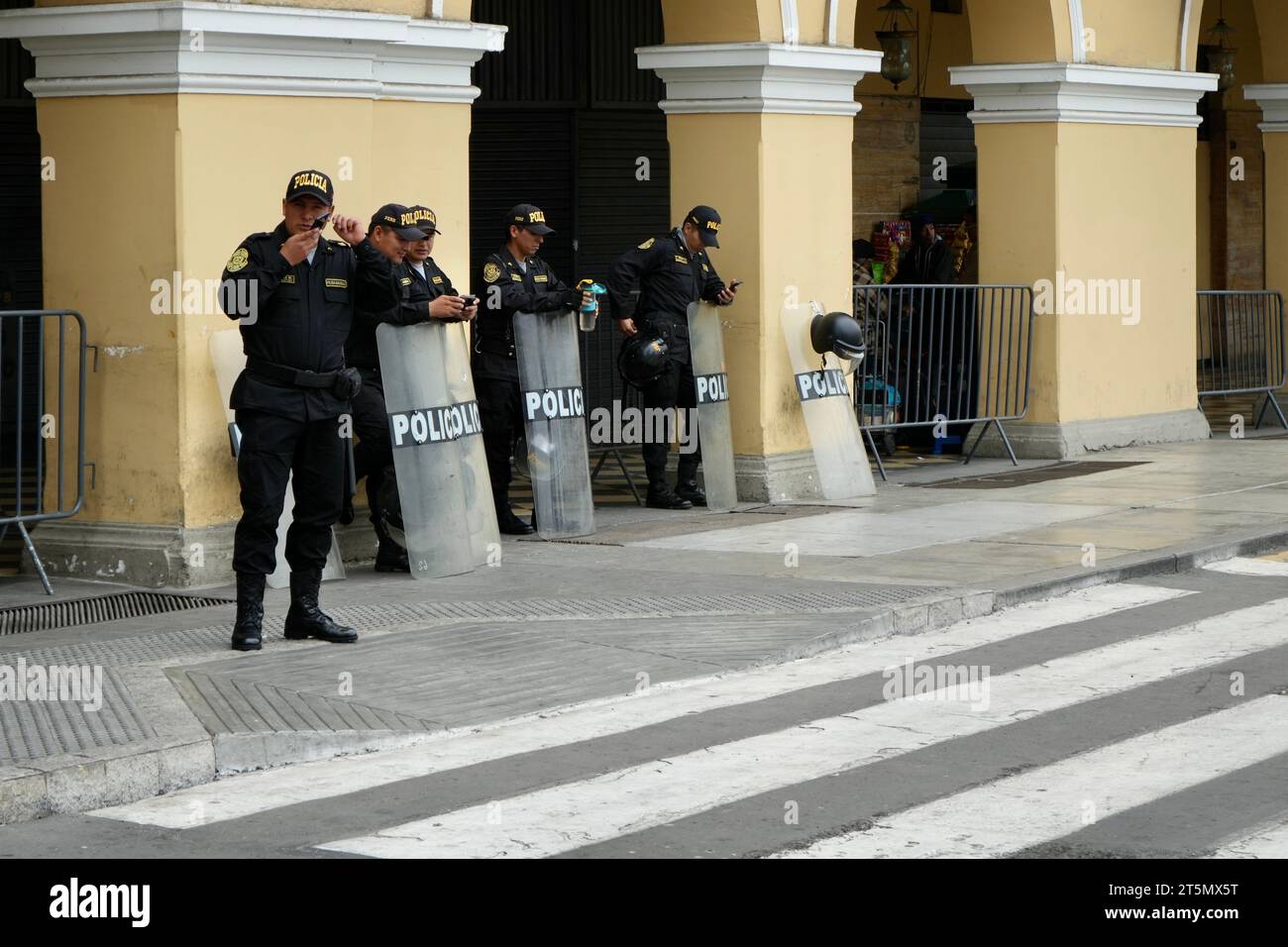 A Group of Police Officers with riot sheilds on Patrol in Lima City Centre. Lima, Peru, October 3, 2023. Stock Photo