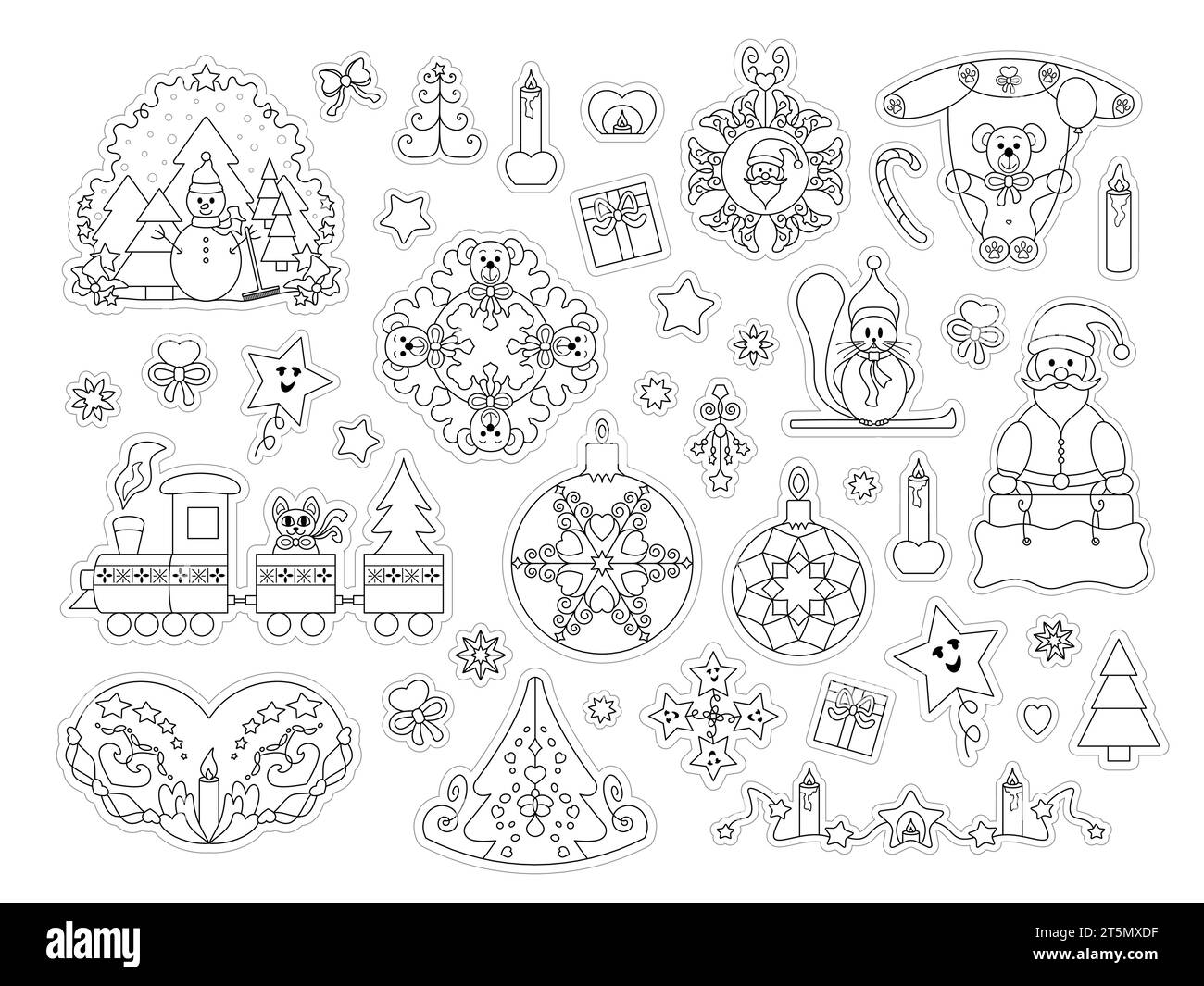 Set of characters and decor. Christmas theme. To color and cut out. Set No. 2. Vector illustration. Stock Vector