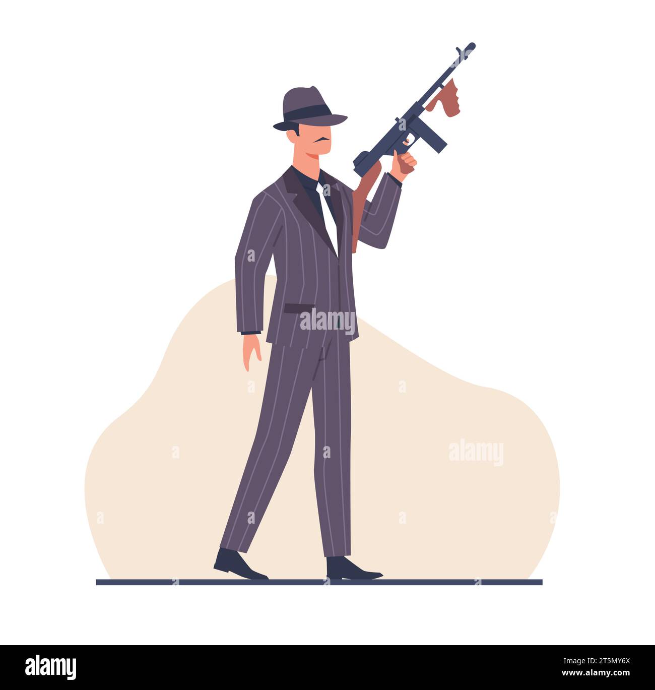 Mafia boss with Thompson machine gun. Gangster or mobster. Retro character 1920s and 1930s style. Dangerous man with weapon, killer and criminal Stock Vector