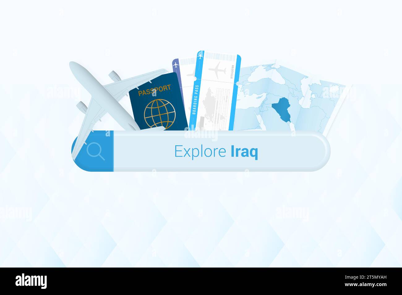 Searching tickets to Iraq or travel destination in Iraq. Searching bar with airplane, passport, boarding pass, tickets and map. Vector illustration. Stock Vector
