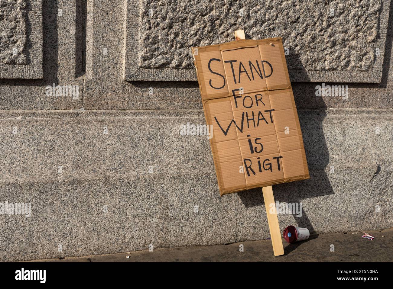 Humorously misspelt protest placard, attempting to say Stand for what is right, but with incorrect spelling of right as rigt. At anti vaccine protest Stock Photo