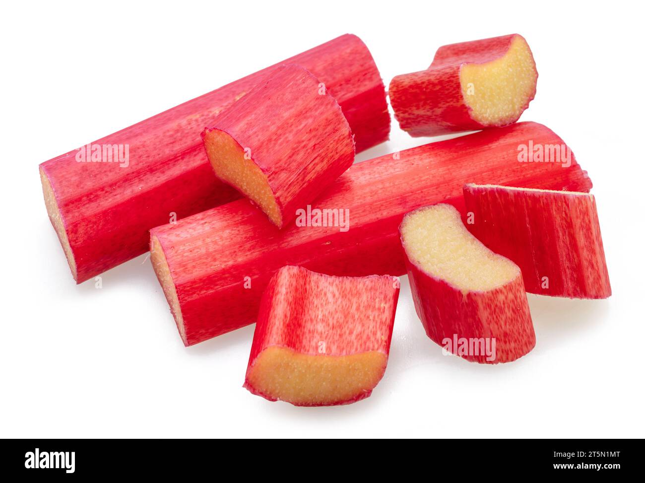 Rhubarb stems' cuts isolated on white background. Stock Photo