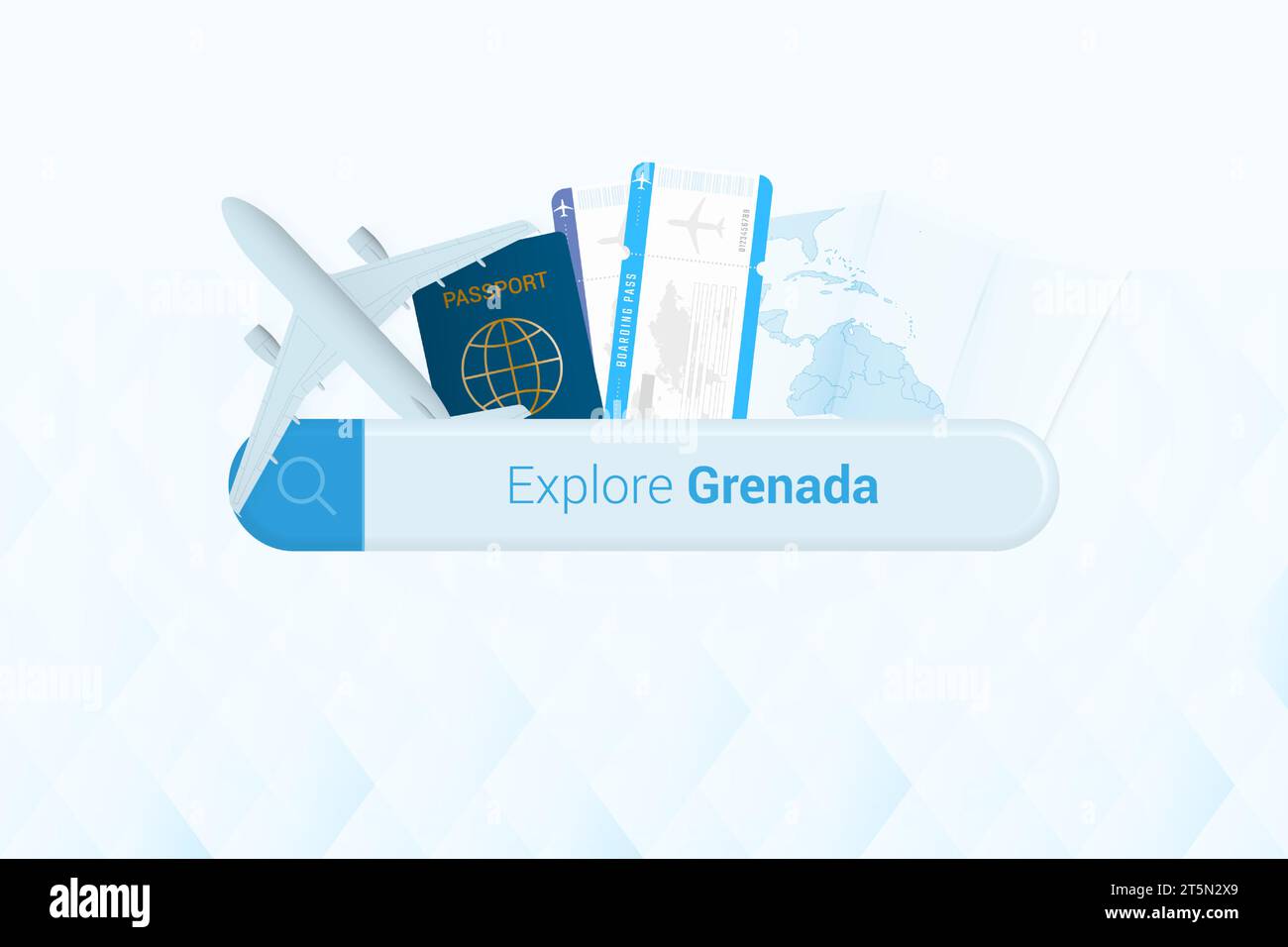 Searching tickets to Grenada or travel destination in Grenada. Searching bar with airplane, passport, boarding pass, tickets and map. Vector illustrat Stock Vector