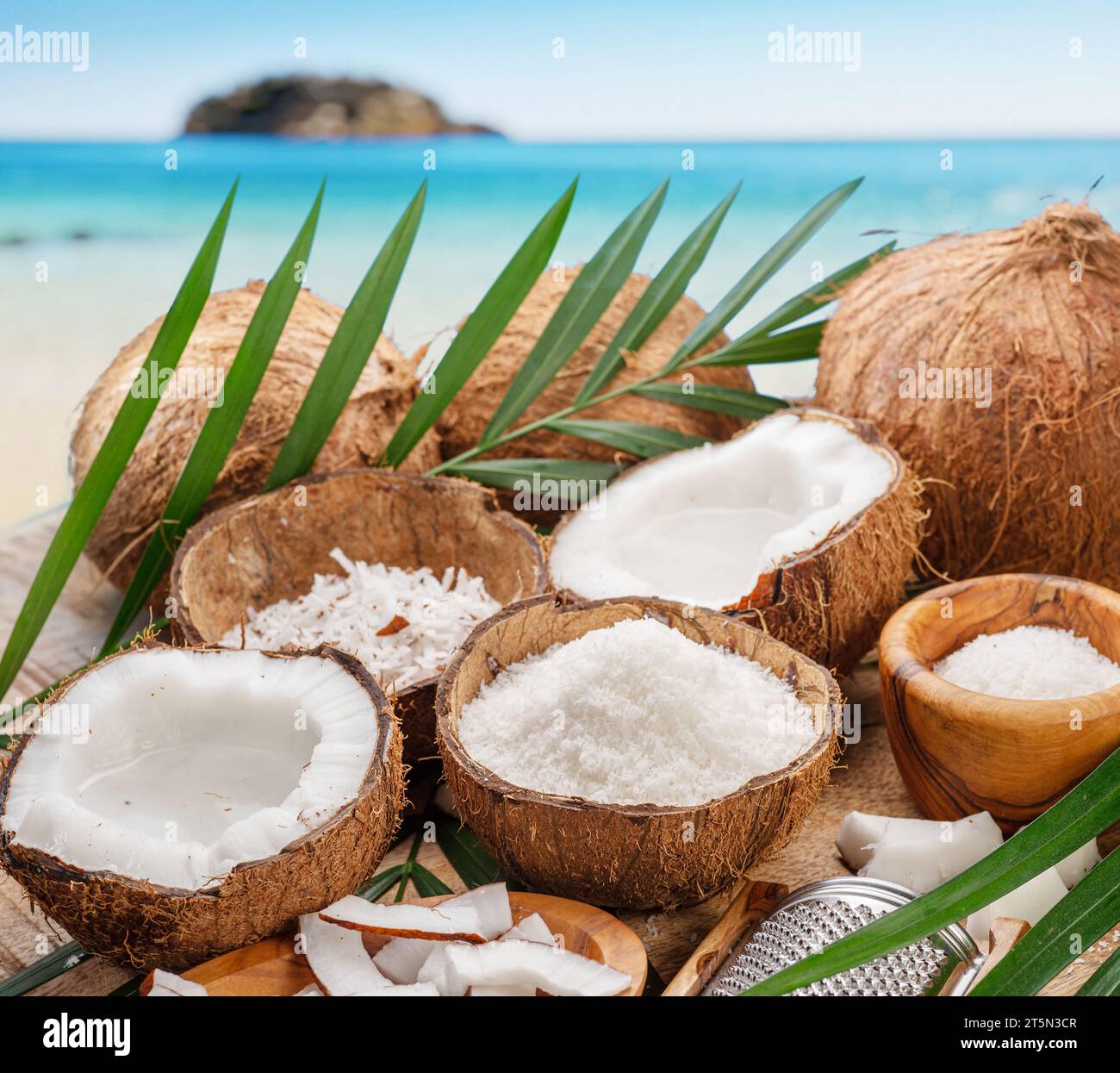 Fresh opened coconuts along with coconut slices, flakes and coconut