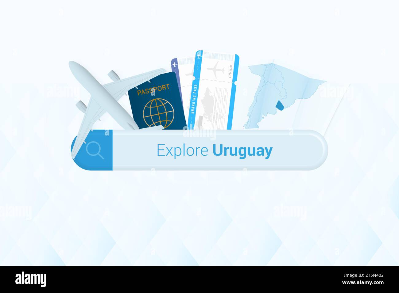 Searching tickets to Uruguay or travel destination in Uruguay. Searching bar with airplane, passport, boarding pass, tickets and map. Vector illustrat Stock Vector