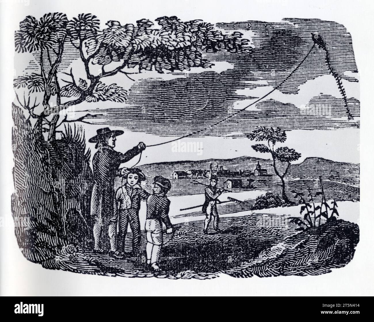 Gravure sur bois du XVIII ème siècle. FRANKLIN expliquant à deux jeunes garçons son expérience sur l'électricité de 1782. Stock Photo