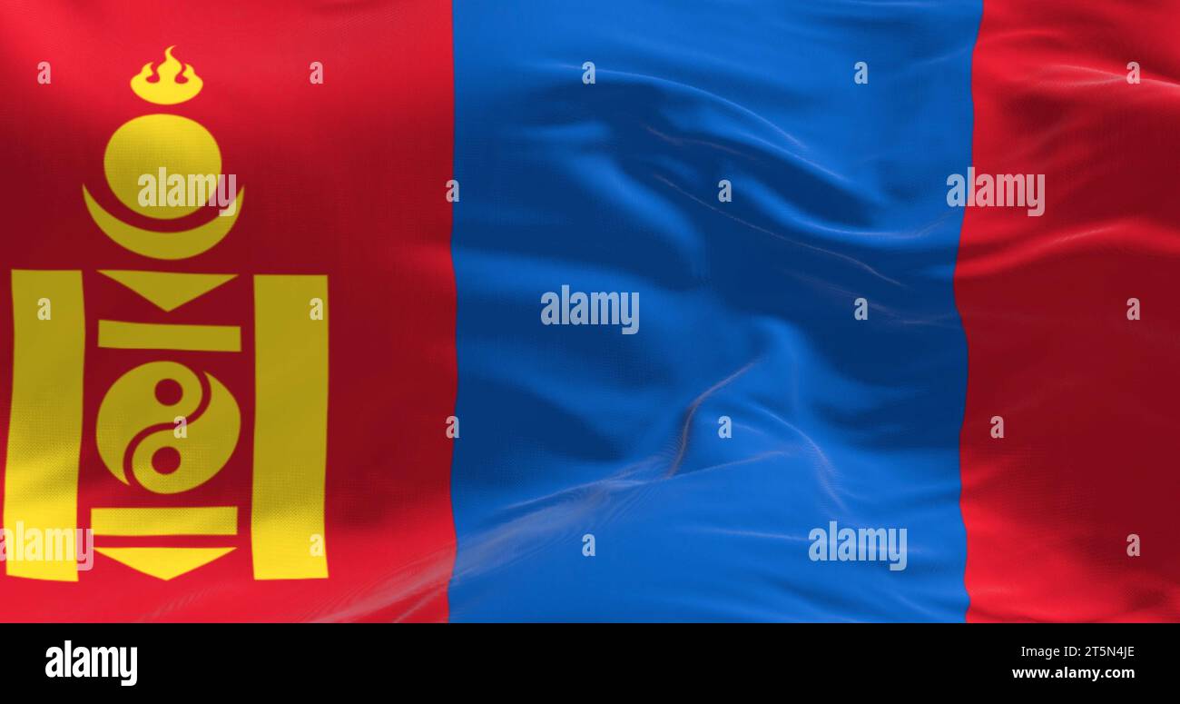 Close-up of Mongolia national flag waving in the wind. Red, blue, red stripes, yellow Soyombo on left red. 3d illustration render. Rippling fabric. Te Stock Photo