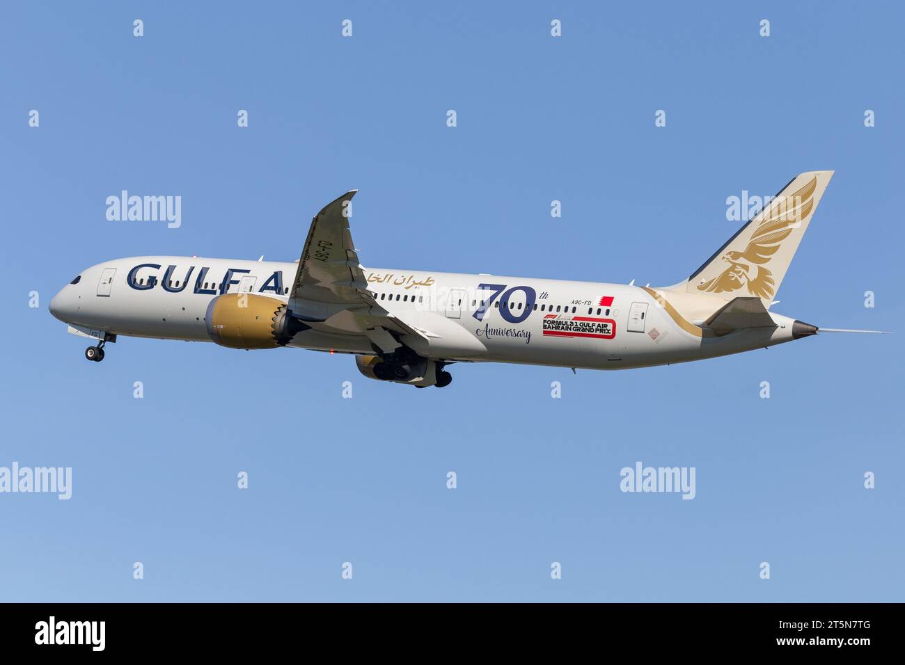 Gulf Air Boeing 787-9 Dreamliner, registration A9C-FD taking off from London Heathrow airport LHR in perfect conditions on a sunny blue sky afternoon Stock Photo