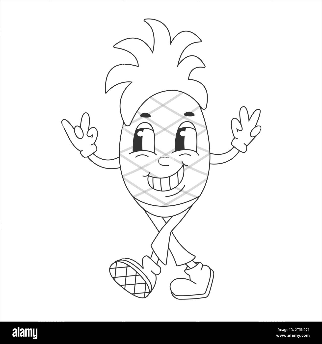 Coloring page with Fruit Funny Retro Groovy Cartoon Hippie Character. Comic Pineapple Character on white background. Groovy Summer Vector Illustration Stock Vector
