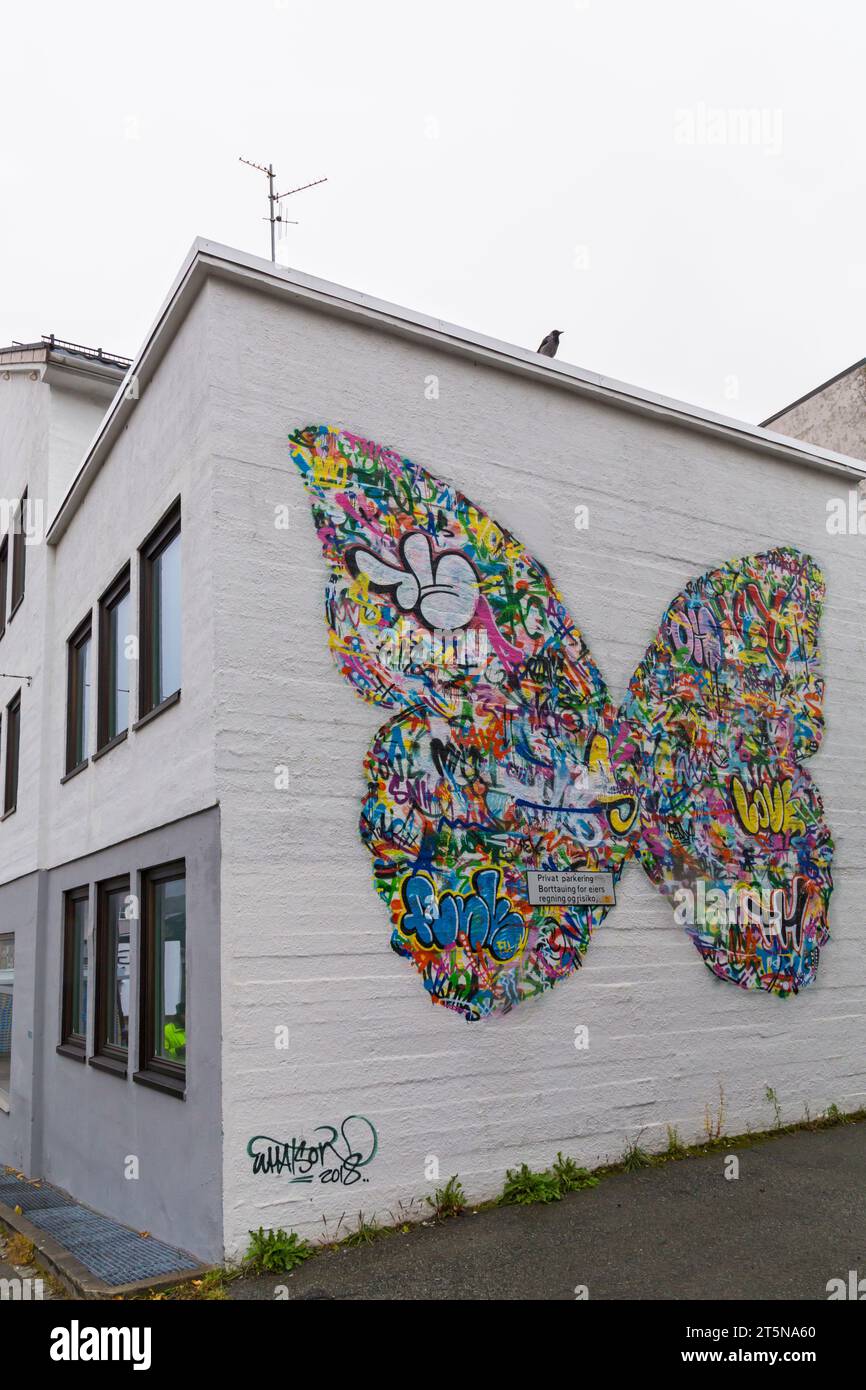 butterfly mural graffiti artwork on wall with bird on top on facade of building at Bodo, Norway, Scandinavia, Europe  - brightens up a white wall Stock Photo