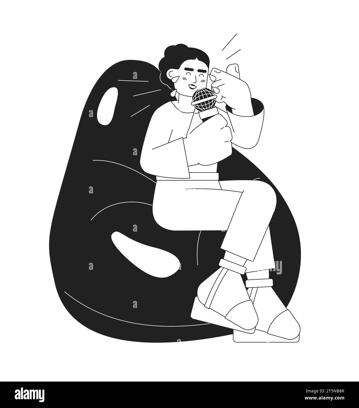 Laughing middle eastern woman bean bag sitting black and white 2D