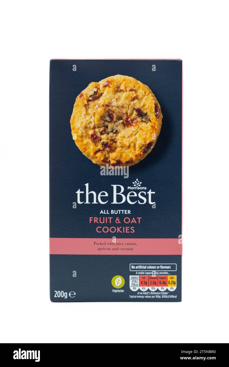 Irvine, Scotland, UK - October 02, 2023: Morrisons branded all butter fruit and oat cookies in recyclable cardboard box showing relevant graphics icon Stock Photo