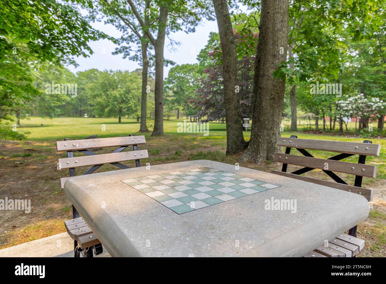 concrete table with game board in buckskill meadow preserve Stock Photo