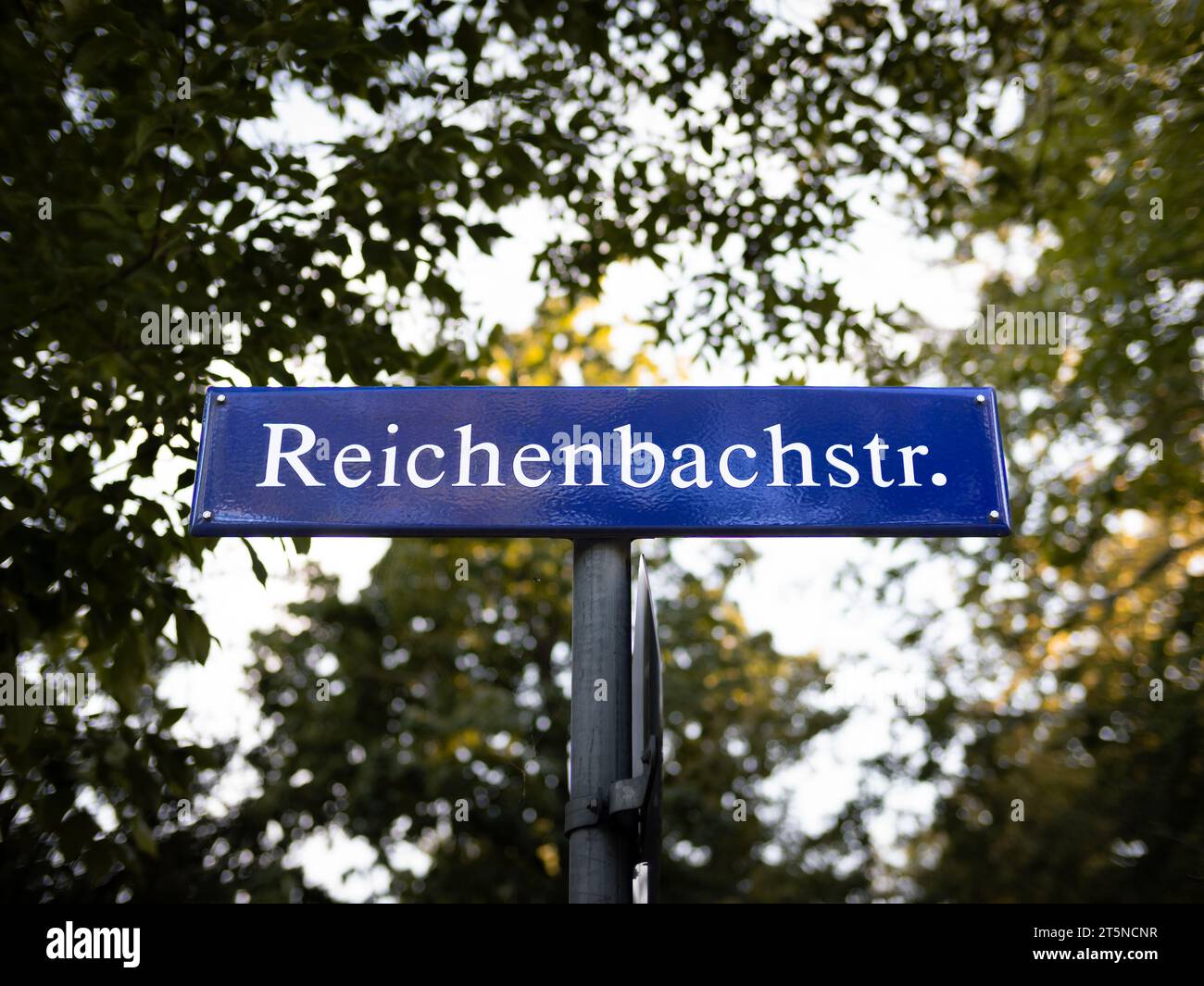 Reichenbachstr. road name sign in Germany close up. The white letters of the street information are on a blue metal plate. Lush foliage is behind. Stock Photo