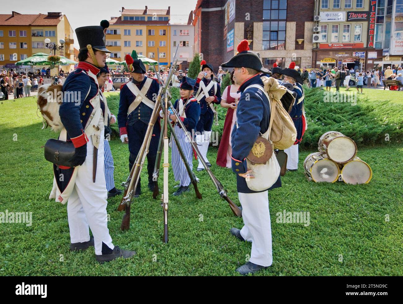 Prussian troops reenactors at city square before Reenactment of Siege of Neisse during Napoleonic War with Prussia in 1807, in Nysa, Opolskie, Poland Stock Photo
