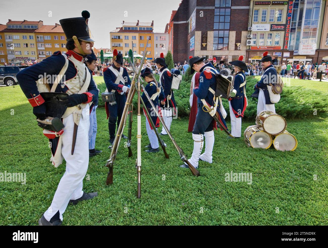Prussian troops reenactors at city square before Reenactment of Siege of Neisse during Napoleonic War with Prussia in 1807, in Nysa, Opolskie, Poland Stock Photo